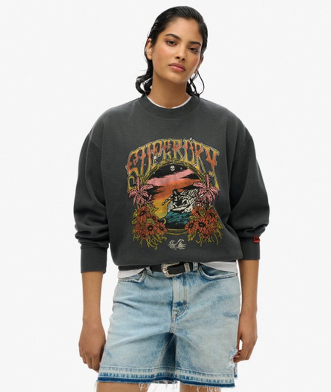 Superdry Damen Lockeres Psych Surf Sweatshirt mit Rundhalsausschnitt Schwarz - Größe: 42 von Superdry
