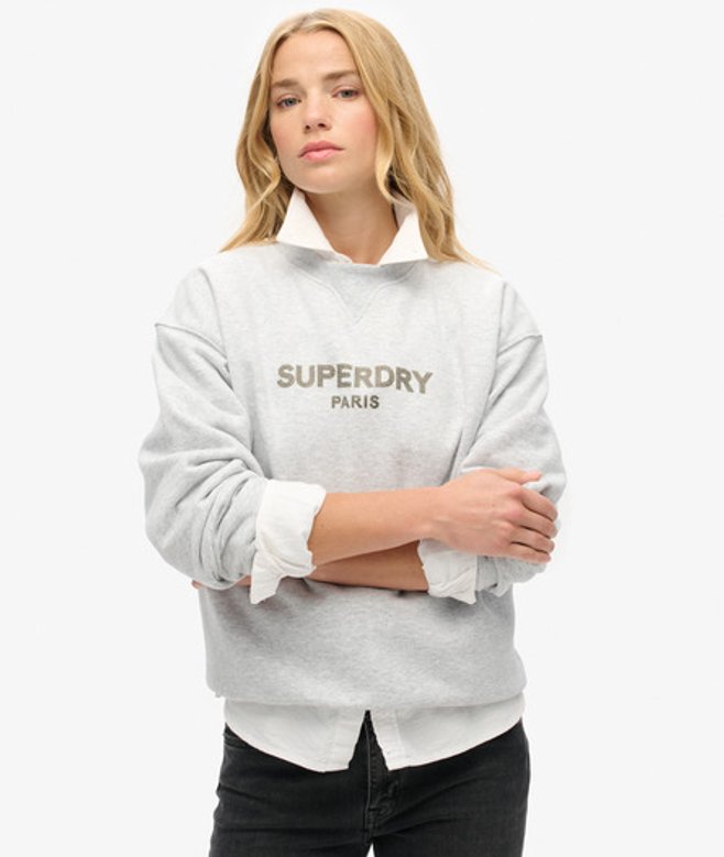 Superdry Damen Lockeres Sport Luxe Sweatshirt mit Rundhalsausschnitt Hellgrau - Größe: 38 von Superdry