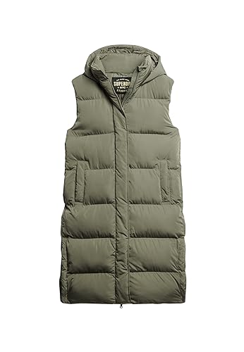 Superdry Damen Longline Steppweste mit Kapuze Helles Kakigrün 42 von Superdry