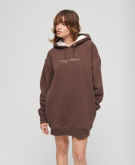 Superdry Women's Luxe Hoodie-Kleid mit Logo in Metallic-Optik Braun - Größe: 6-8 von Superdry