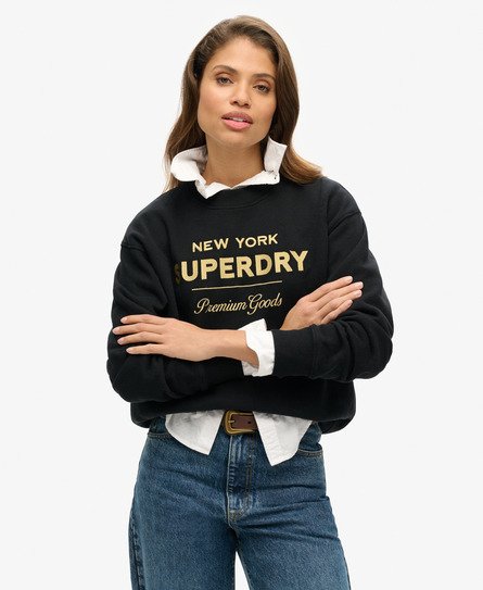 Superdry Women's Luxe Sweatshirt mit Logo in Metallic-Optik Schwarz - Größe: 38 von Superdry