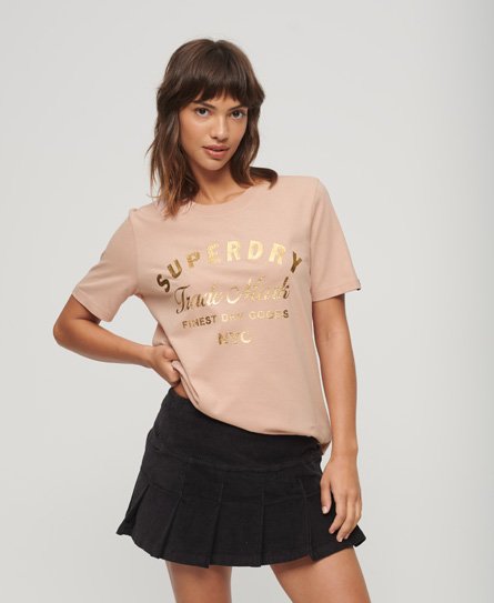 Superdry Damen Pink Luxe T-Shirt mit Logo in Metallic-Optik Bedruckt, Größe: 36 von Superdry