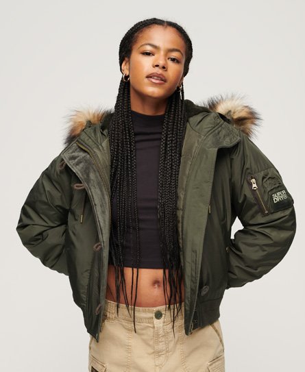 Superdry Women's MA1 Bomberjacke im Militär-Stil mit Kapuze Kaki - Größe: 40 von Superdry