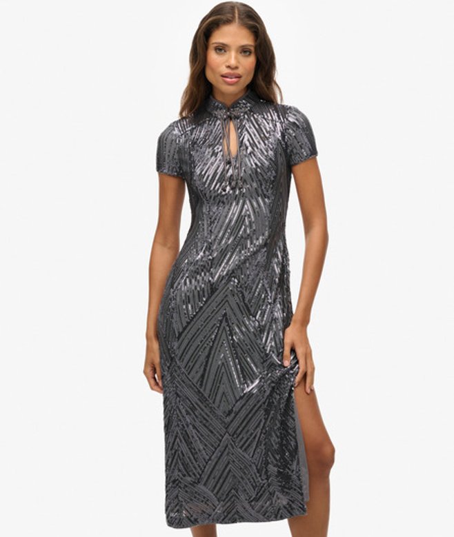 Superdry Damen Mandarin Midikleid mit Pailletten Grey - Größe: 38 von Superdry