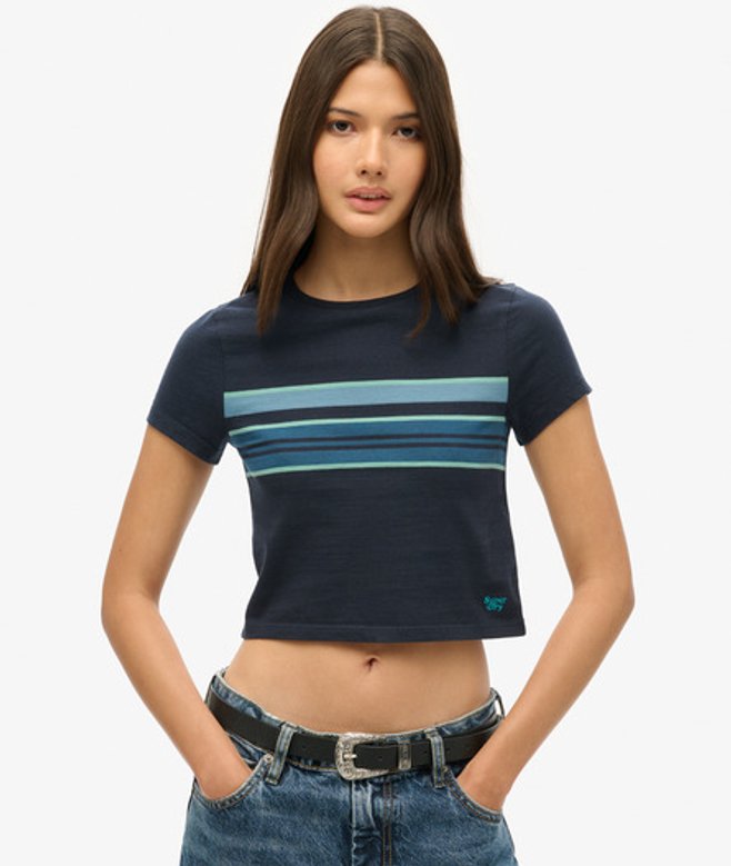 Superdry Damen Marineblau Kurzes Vintage T-shirt mit Streifen, Größe: 34 - Größe: 34 von Superdry