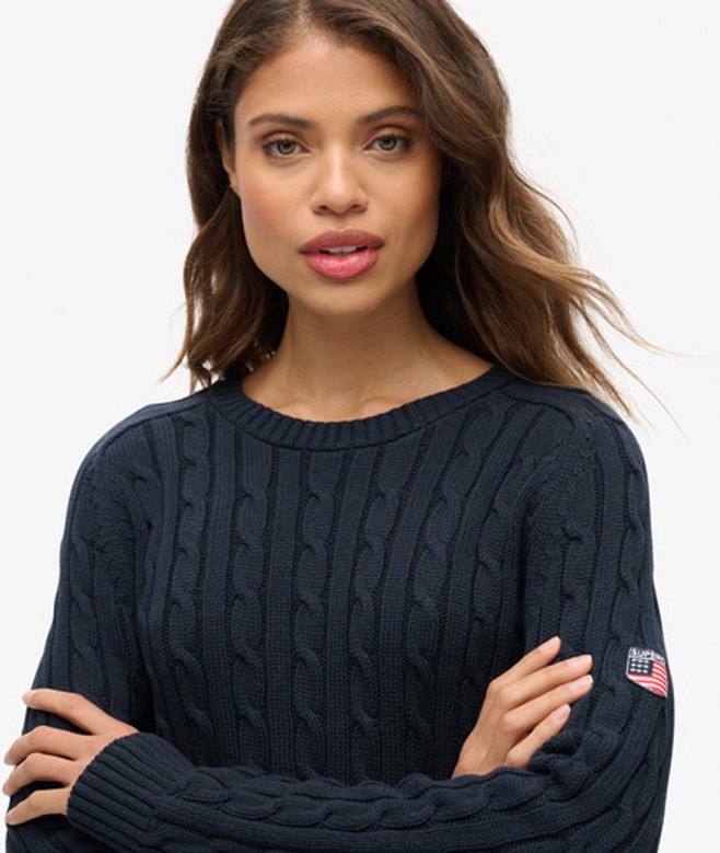 Superdry Damen Marineblau Lässiger Strickpullover mit Zopfmuster Gestrickt, Größe: 38 von Superdry