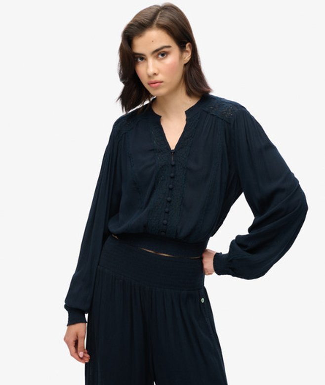 Superdry Damen Marineblau Langärmelige, Gesmokte Bluse mit Spitzenbesatz, Größe: 34 - Größe: 34 von Superdry