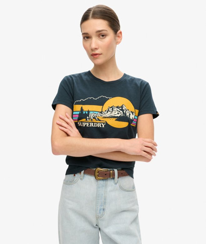 Superdry Damen Marineblau und Gelb Figurbetontes Outdoor-T-Shirt Gestreift, Größe: 36 von Superdry
