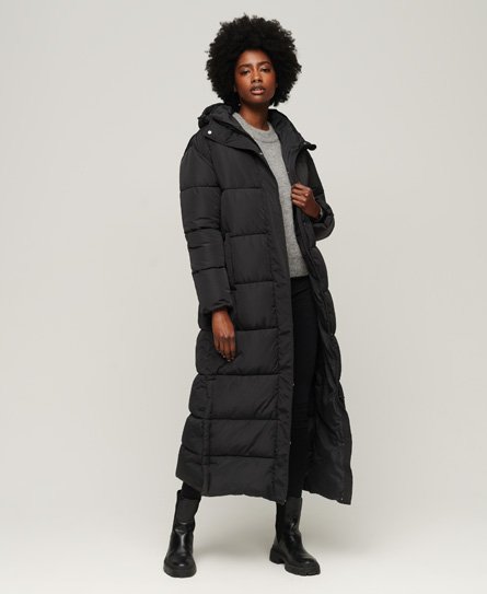 Superdry Women's Maxi-Steppmantel mit Kapuze Schwarz - Größe: 44 von Superdry