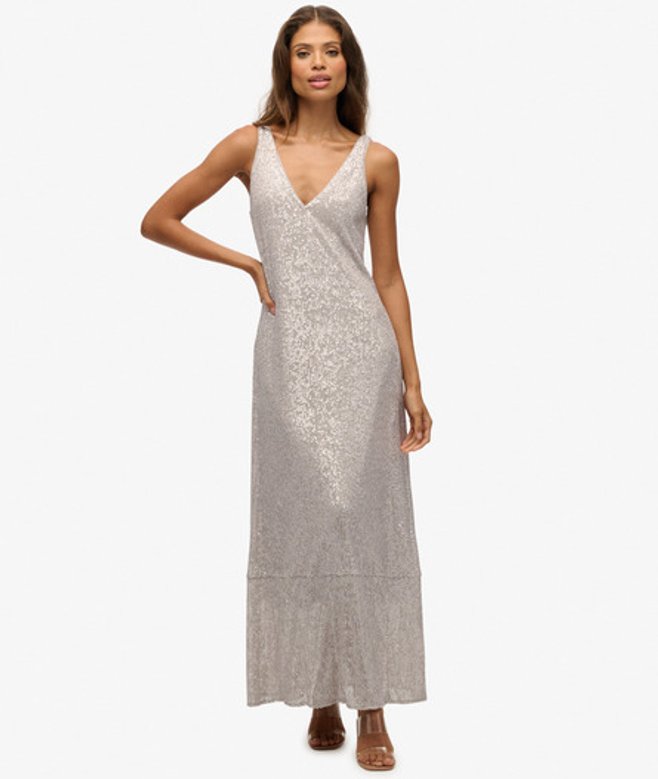 Superdry Damen Maxi-paillettenkleid mit V-ausschnitt Silver - Größe: 36 von Superdry