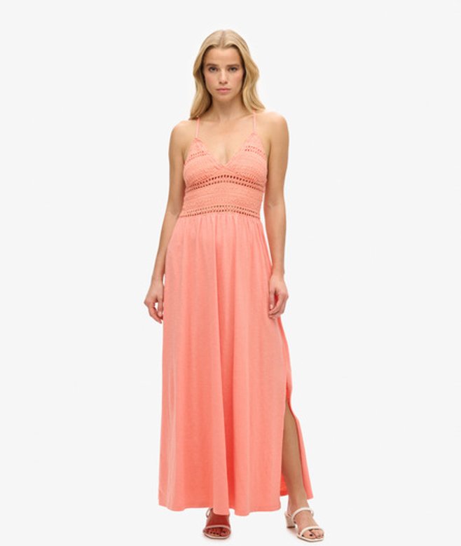 Superdry Damen Maxikleid aus Jersey mit Spitze Koralle - Größe: 42 von Superdry