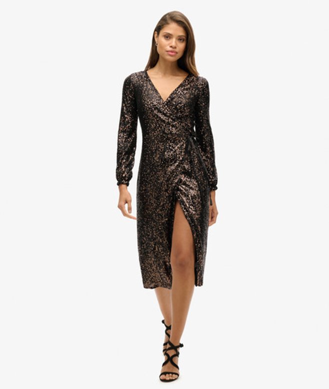 Superdry Damen Maxikleid in Wickeloptik mit Pailletten Schwarz - Größe: 38 von Superdry