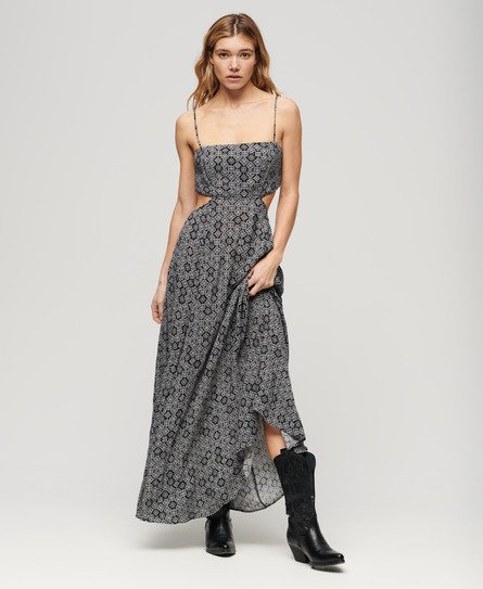 Superdry Damen Maxikleid mit Transparentem Rückenausschnitt Schwarz - Größe: 40 von Superdry