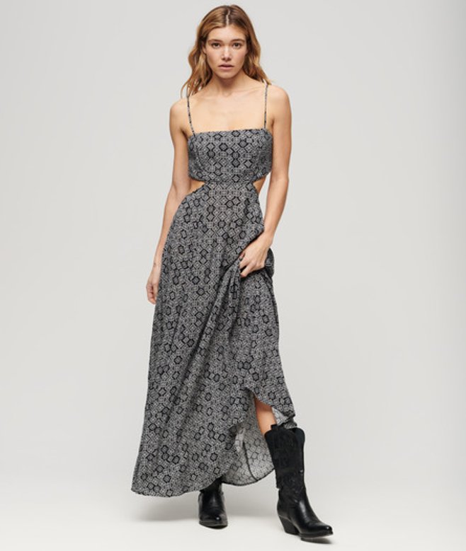 Superdry Damen Maxikleid mit Transparentem Rückenausschnitt Schwarz - Größe: 44 von Superdry