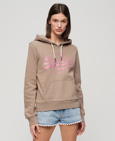 Superdry Damen Metallic Hoodie mit Vintage-Grafiklogo Beige - Größe: 36 von Superdry