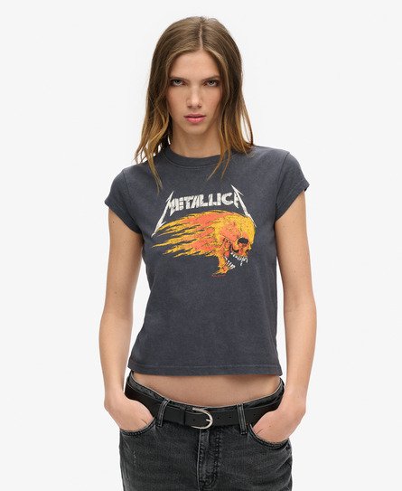 Superdry Damen Dunkelgrau und Orange Metallica Band-T-Shirt mit Flügelärmeln Logo-Druck, Größe: 38 von Superdry