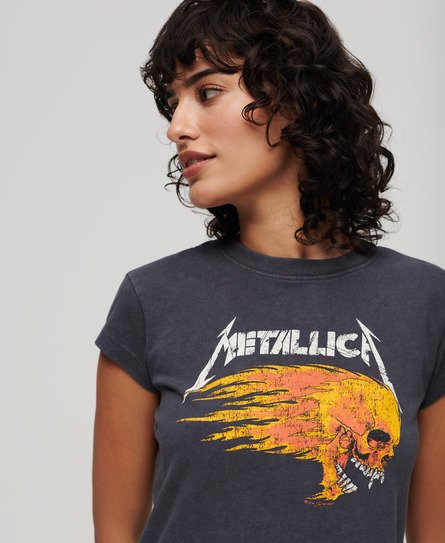 Superdry Damen Dunkelgrau und Orange Metallica Band-T-Shirt mit Flügelärmeln Logo-Druck, Größe: 40 von Superdry