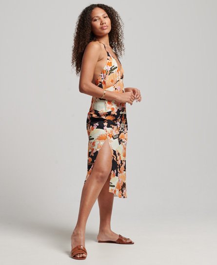 Superdry Women's Midi-Kleid mit Print und Nackenträger Gold/Schwarz - Größe: 36 von Superdry