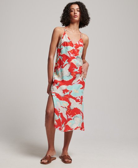 Superdry Women's Midi-Kleid mit Print und Nackenträger Rot - Größe: 34 von Superdry