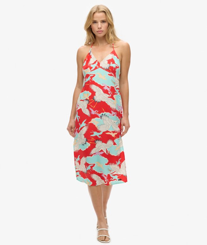 Superdry Damen Midi-kleid mit Print und Nackenträger Rot - Größe: 34 von Superdry