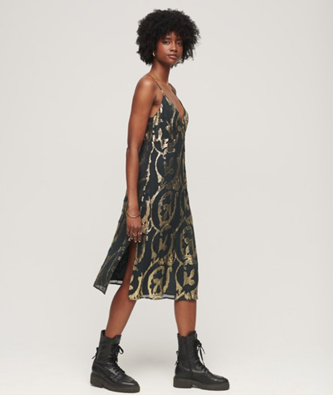 Superdry Damen Midi-trägerkleid in Metallic-optik Grün - Größe: 44 von Superdry