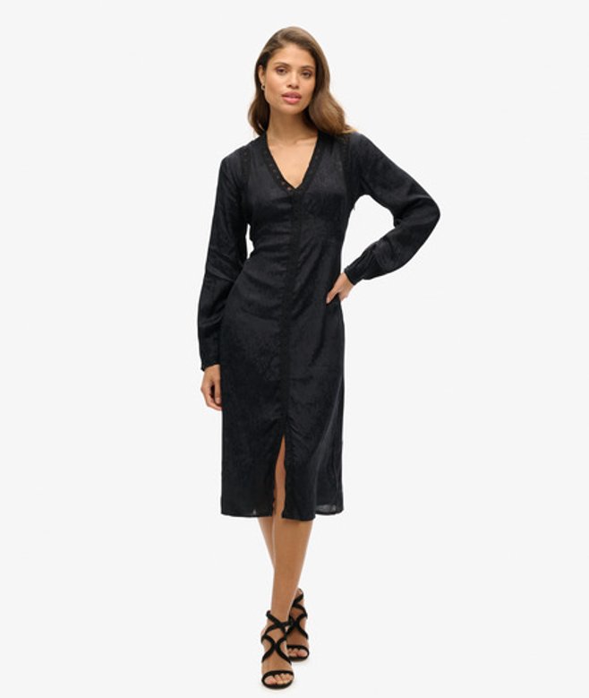Superdry Damen Midikleid mit Spitzenbesatz Schwarz - Größe: 38 von Superdry