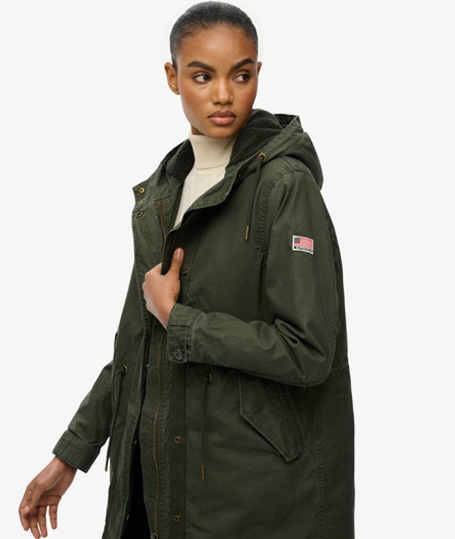 Superdry Damen Military Borg Fishtail Parka Khaki - Größe: 38 von Superdry