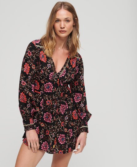 Superdry Women's Mini-Tea-Dress mit Print und V-Ausschnitt Schwarz - Größe: 38 von Superdry