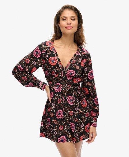 Superdry Women's Mini-Tea-Dress mit Print und V-Ausschnitt Schwarz - Größe: 42 von Superdry