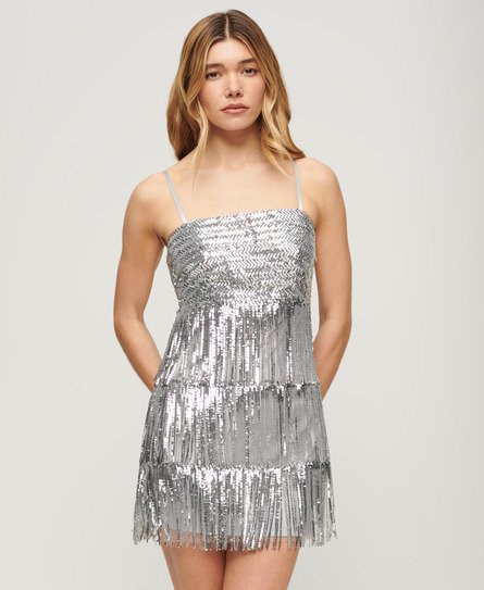 Superdry Damen Silber Mini-Trägerkleid mit Fransen Pailletten, Größe: 44 von Superdry