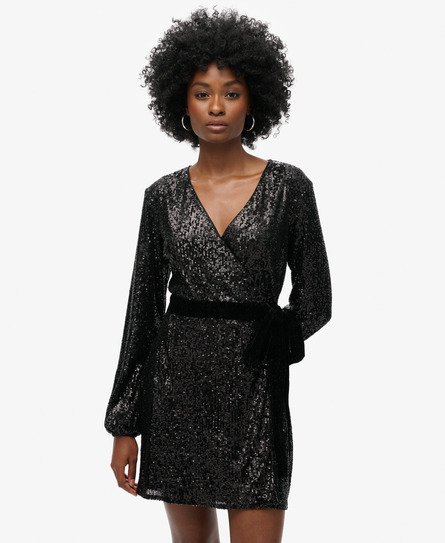 Superdry Damen Schwarz Mini-Wickelkleid aus Samt mit Pailletten, Größe: 40 von Superdry