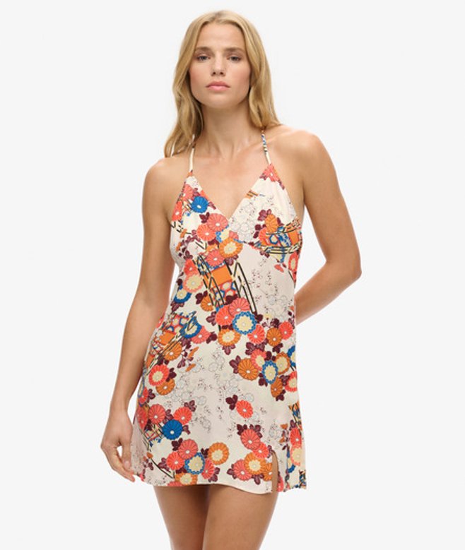 Superdry Damen Mini-trägerkleid mit Print Creme - Größe: 42 von Superdry