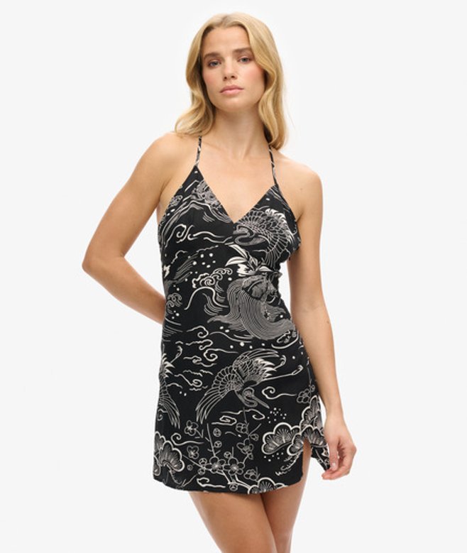 Superdry Damen Mini-trägerkleid mit Print Schwarz - Größe: 36 von Superdry