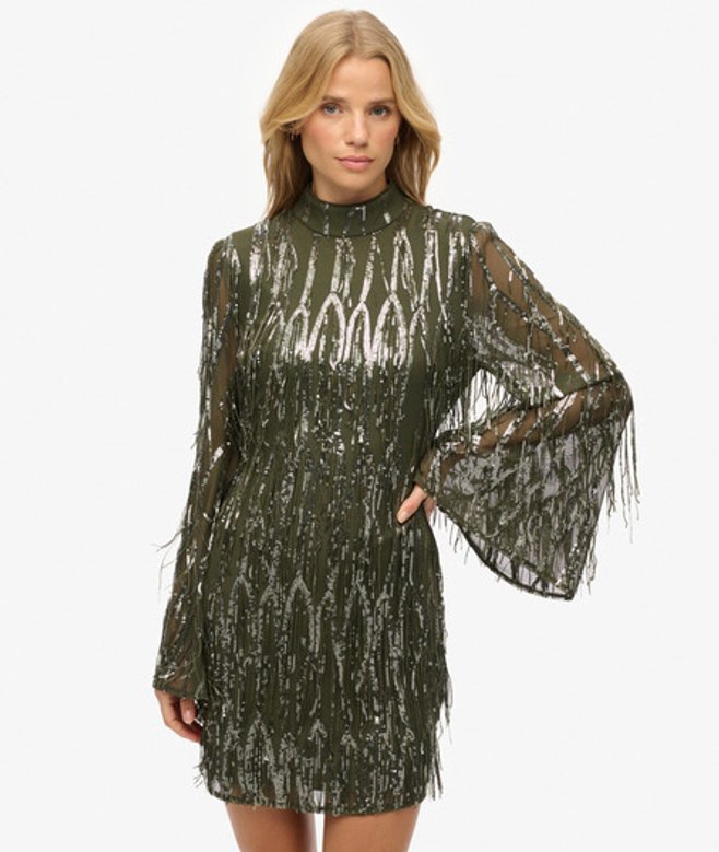 Superdry Damen Minikleid mit Fransen und Pailletten Green - Größe: 42 von Superdry