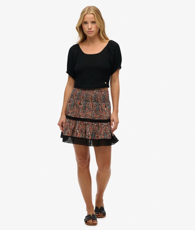 Superdry Damen Minirock mit Spitzenborte und Print Black - Größe: 36 von Superdry