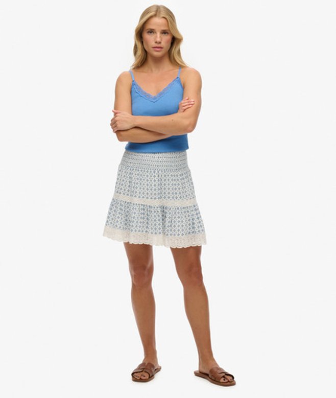 Superdry Damen Minirock mit Spitzenborte und Print Blue - Größe: 42 von Superdry