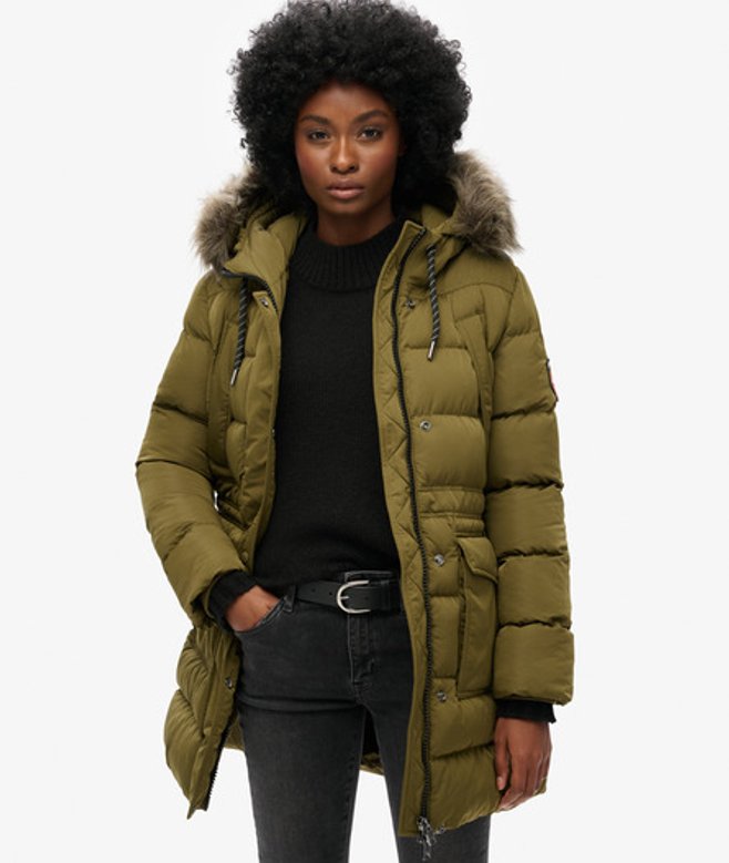 Superdry Damen Mittellanger Everest Steppmantel mit Kunstfellbesatz Grün - Größe: 36 von Superdry