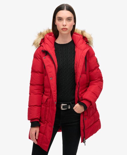 Superdry Damen Mittellanger Everest Steppmantel mit Kunstfellbesatz Rot - Größe: 38 von Superdry