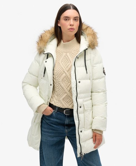 Superdry Damen Mittellanger Everest Steppmantel mit Kunstfellbesatz Weiß - Größe: 38 von Superdry