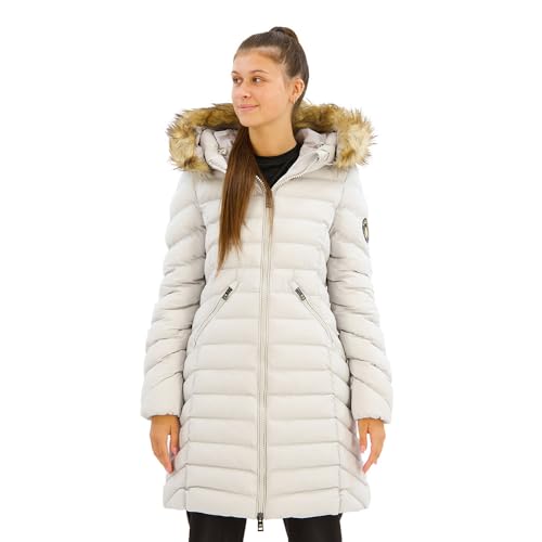 Superdry Damen Mittellanger Fuji Steppmantel mit Kapuze aus Kunstfell Mondlicht Grau 42 von Superdry