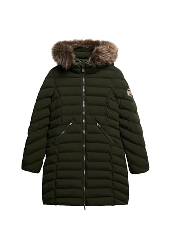 Superdry Damen Mittellanger Fuji Steppmantel mit Kapuze aus Kunstfell Surplus Goods Olivgrün 44 von Superdry
