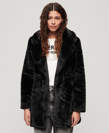 Superdry Women's Mittellanger Vintage-Webpelzmantel Schwarz - Größe: 36 von Superdry