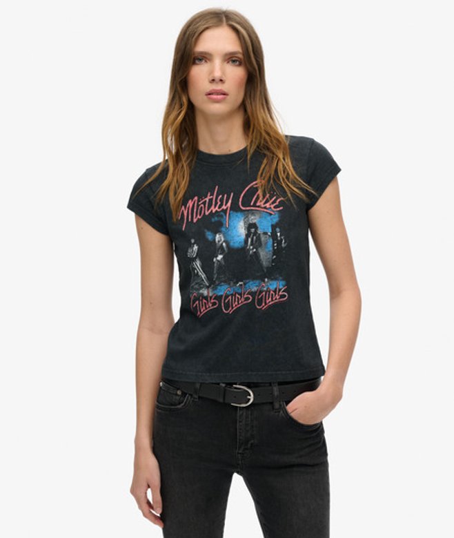 Superdry Damen Mötley Crüe T-shirt mit Flügelärmeln Schwarz - Größe: 38 von Superdry