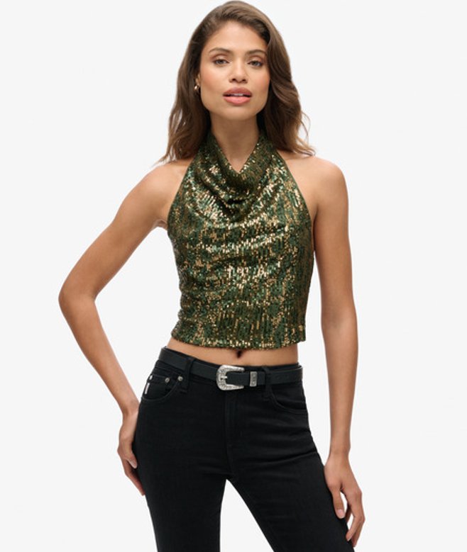 Superdry Damen Neckholder-oberteil mit Wasserfallausschnitt und Pailletten Grün - Größe: 38 von Superdry