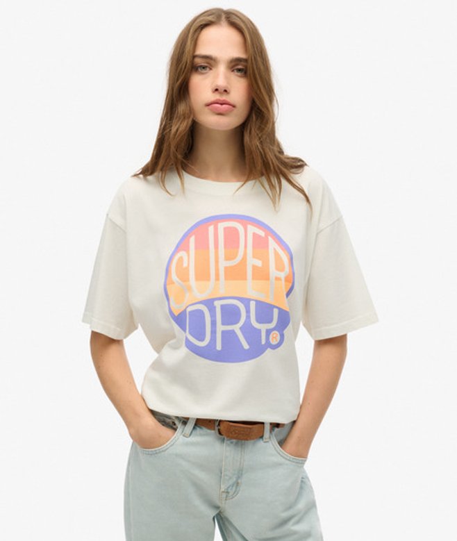Superdry Women's Neonfarbenes T-shirt in Übergröße mit Regenbogen-print Weiß - Größe: 38 von Superdry