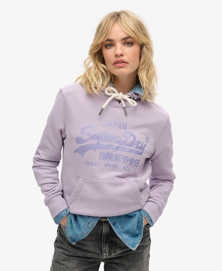 Superdry Damen Nicht Angerautes Metallic Vintage Logo Hoodie mit Grafik Lila - Größe: 42 von Superdry