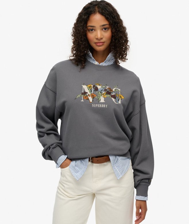 Superdry Damen Night Garden Sweatshirt mit Rundhalsausschnitt in Übergröße Dark Grey - Größe: 44 von Superdry