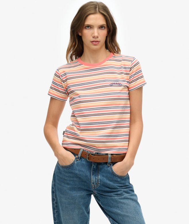 Superdry Damen Orange, Weiß und Blau Figurbetontes Essential T-Shirt mit Logo Gestreift, Größe: 38 von Superdry