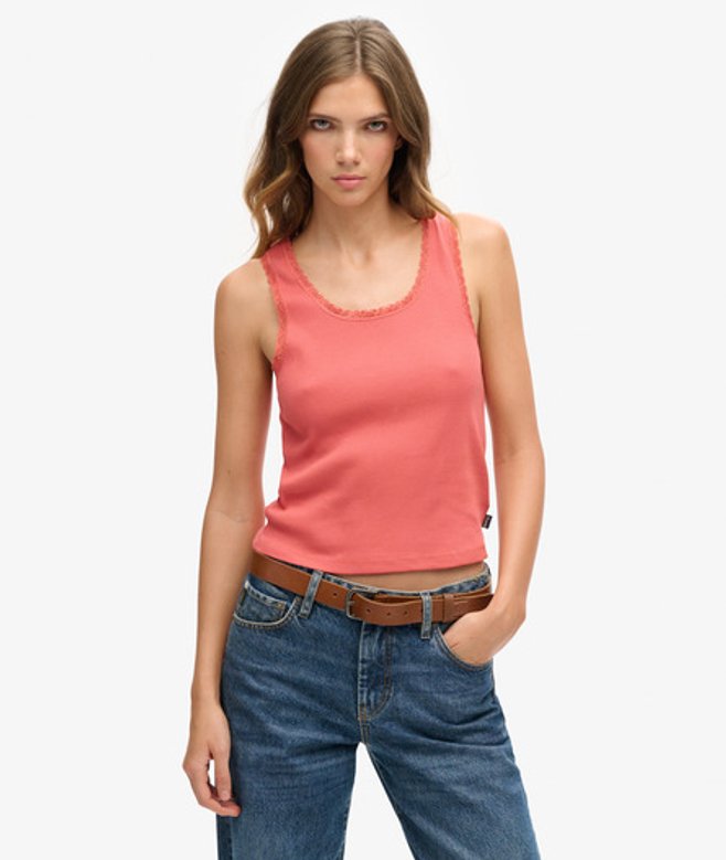 Superdry Damen Orange Vintage Trägertop aus Bio-baumwolle mit Spitzenbesatz, Größe: S/M - Größe: S/M Superdry Damen Orange Vintage Trägertop aus Bio-baumwolle mit Spitzenbesatz, Größe: S/M - Größe: S/M von Superdry