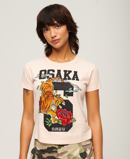 Superdry Women's Osaka 6 Narrative 90er-Jahre-T-Shirt Pink - Größe: 36 von Superdry